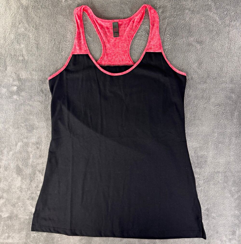 district women's M varsity tank top black pink racerback colorblock